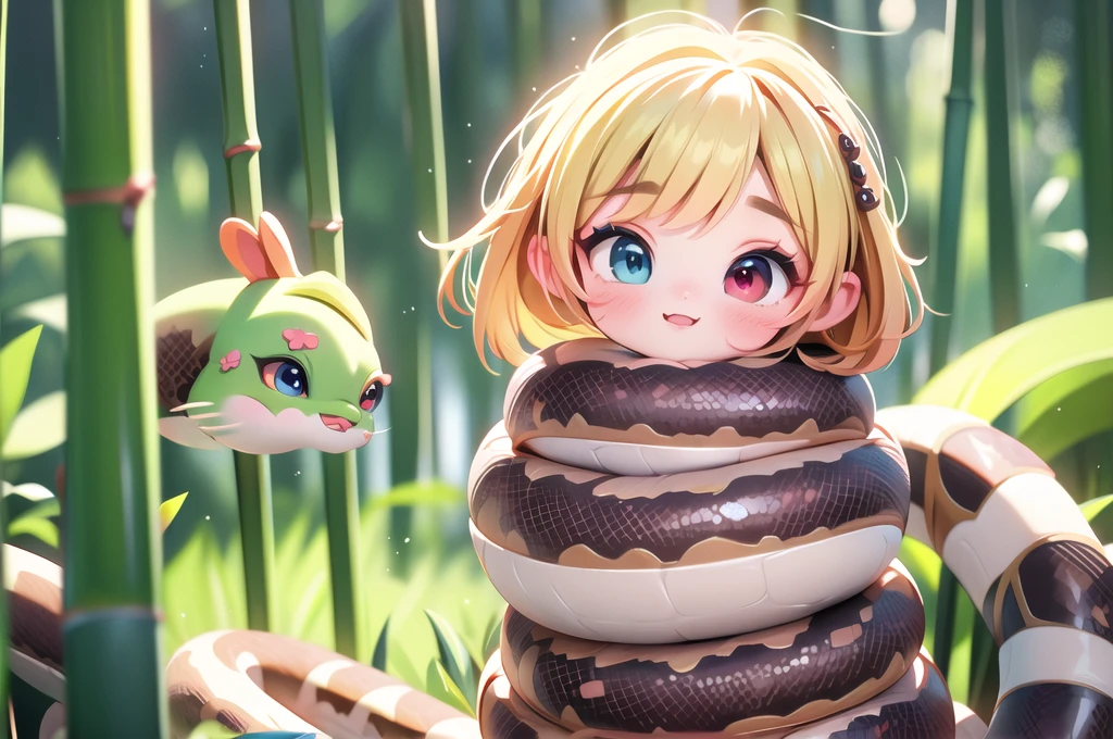 1girl,bangs,(heterochromia:1.4),(red eyes:1.4),(blue eyes:1.4),very long blonde hair,blue skirt,blue sky,blush,red bow,closed mouth,best quality, highres, unique hair detailed, beautiful detailed eyes, cleavage, snake, (coiled), (python), snake scales detailed, restrained, shocked face, masterpiece}}}, {{highly extreme detailed}}, solo, Focus on the woman, {orgasm}, {sweaty}, {{python sex}}, (((object insertion))), jangle, spread arms, interspecies, bestiality, (Giant python bestiality, Giant python sex, ((Giant python Rape)), Giant python rape, Giant python Coils, Passionate Squeeze) (((Giant python coils, Passionate squeeze, ))), coils,((The girl is wrapped around a giant python)), ((giant python rape)), giant python sex,