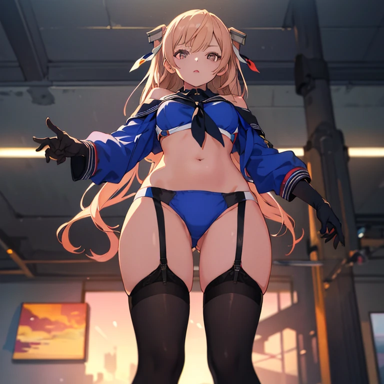 kcjohnston,two side up,, off shoulder, blue shirt, sailor collar, black skirt, thighhighs, garter straps, single glove,hair ribbon, blue bikini, sailor collar, single glove
,(masterpiece:1.4),(best quality:1.4), (amazing), (great illustration:1.4), (ultra-detailed:1.4), (art CG, 8K),1girl ,solo,full body,(From Below:1.2),

