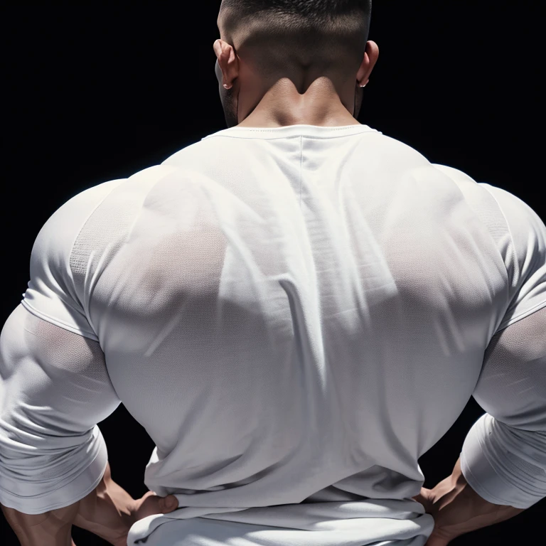 back of a man, massively muscular, with massively large muscles, with massively large biceps, with massively large arms, wearing a simple white sweatshirt with long sleeves, on a black background