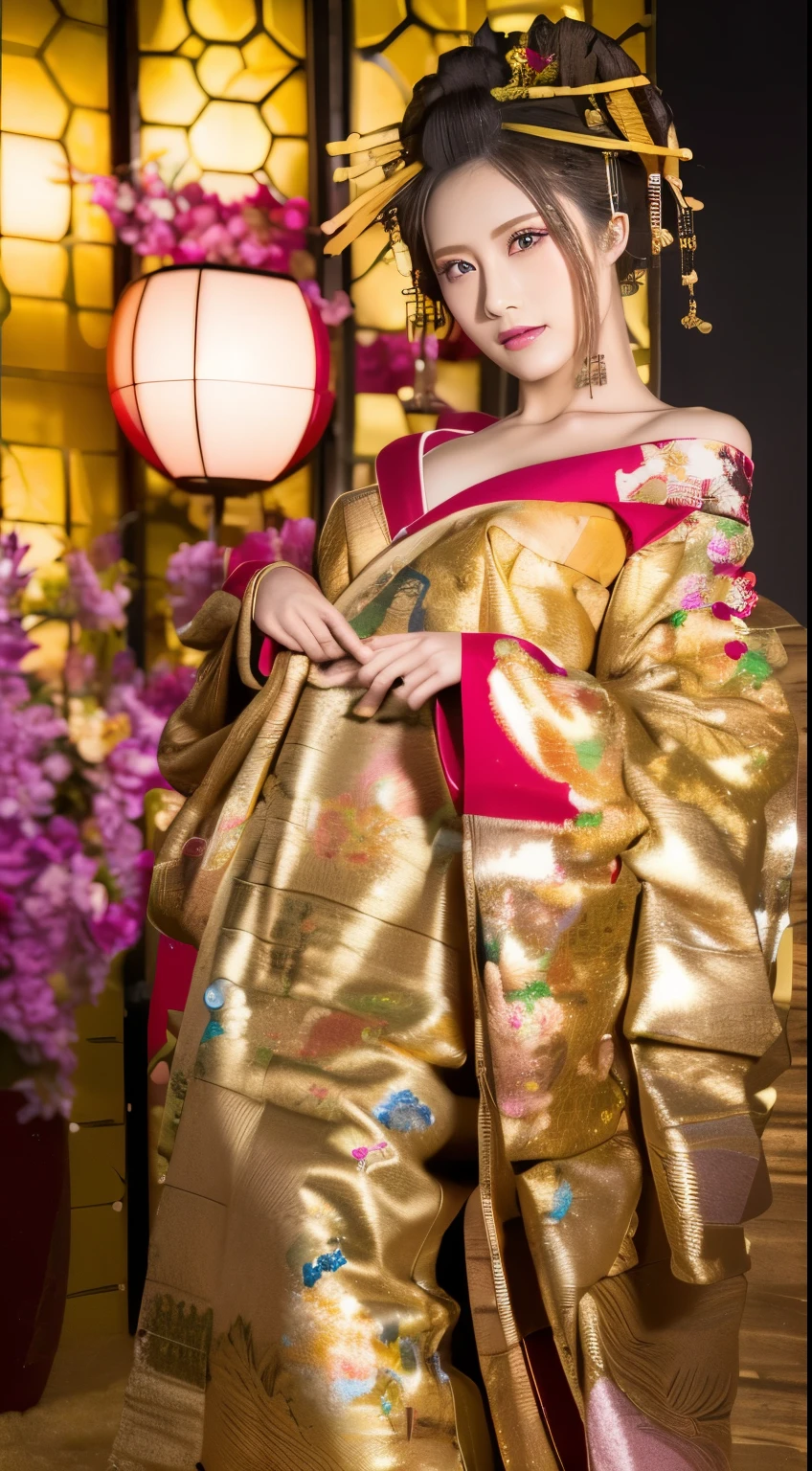 ((masterpiece(:1.4)，Highest quality，Ultra-high resolution，Highest quality，8k，Extremely detailed，In detail))。night，Japanese，(A beautiful woman)，glossy，slim，Large Breasts(1.6)，sexy，glamorous，((Golden Ratio Style，Perfect Style))，Narrow waist，Flashy gal makeup，Japanese garden，Oiran，Prostitute，Sunny day outfit，Uchikake，Gold brocade，((A gorgeous kimono))，A cutting board belt tied in front，Hair tying，hairpin，hair ornaments，Gorgeous costumes，Beautiful standing posture，Presence，Exude sex appeal，looking at the camera，Show off your style，