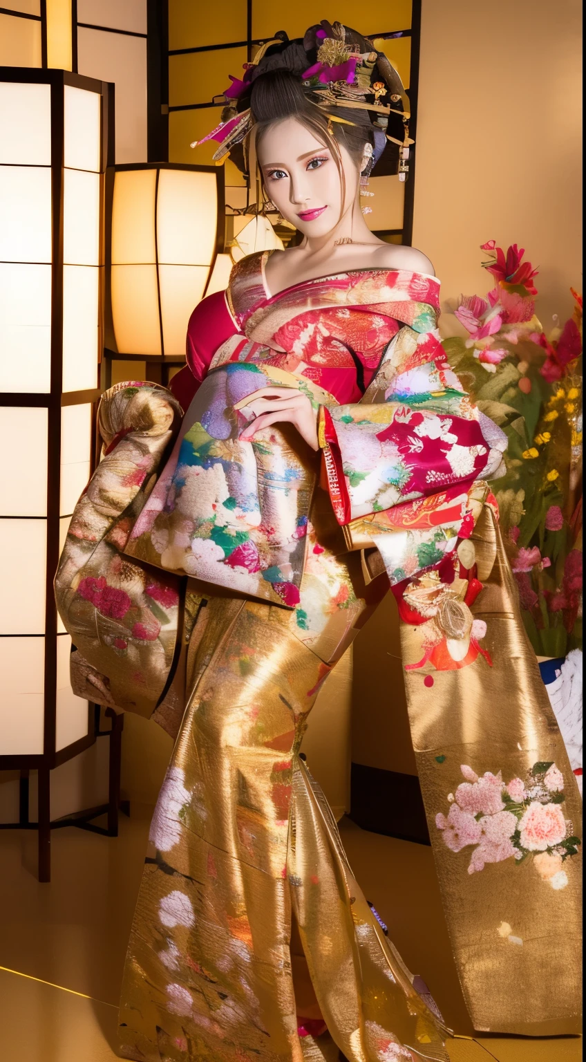((masterpiece(:1.4),Highest quality,Ultra-high resolution,Highest quality,8k,Extremely detailed,In detail))。night,Japanese,(A beautiful woman),glossy,slim,Large Breasts(1.6),sexy,glamorous,((Golden Ratio Style,Perfect Style)),Narrow waist,Flashy gal makeup,Japanese garden,Oiran,Prostitute,Sunny day outfit,Uchikake,Gold brocade,((A gorgeous kimono)),A cutting board belt tied in front,Hair tying,hairpin,hair ornaments,Gorgeous costumes,Beautiful standing posture,Presence,Exude sex appeal,looking at the camera,Show off your style,