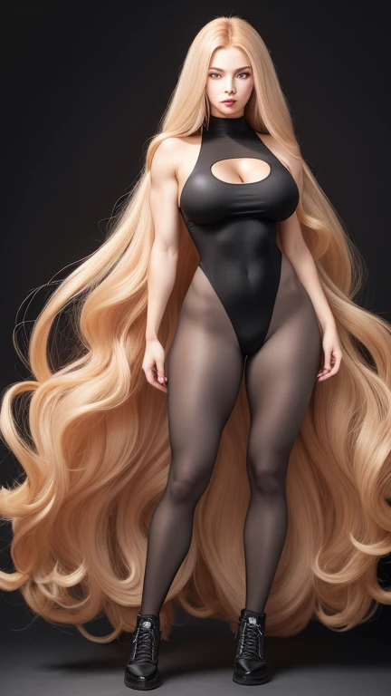 Perfect face, gray eyes, sexy woman, muscle build body,Bodybuilding body,red lips, long golden hair with very long golden hair, super long golden hair with very super long golden hair, large hair, huge body, wearing Pink high-neck stripe with black spots, gray t-shirt, full body suit,anime proportions, good proportion 