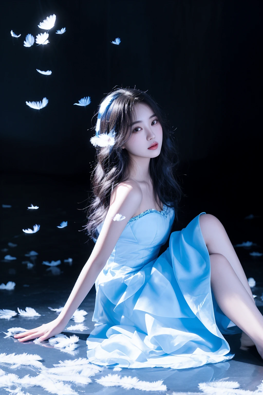 arafed woman in a blue dress sitting on the ground with feathers flying around her, tzuyu from twice, captured on canon eos r 6, official artwork, hwang se - on, song hye - kyo, young wan angel, jaeyeon nam, wearing a plastic blue dress, park ji-min, portrait of female korean idol, fanart, iu