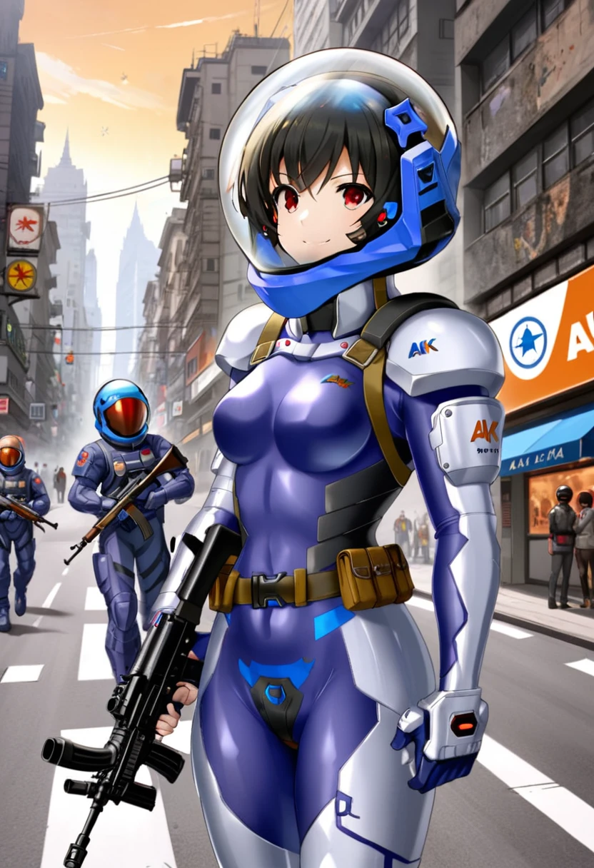  apocalypse,ak47, armor,assault rifle,belt,goggles,holding weapon,m4 ,holding gun,standing,, eva helm, helmet space, short hair,, bubble helmet, upper body, smile, black hair, red eyes,city, road, space helmet, space helmet, eva helm, space suit, short hair,  blue bodysuit, full body