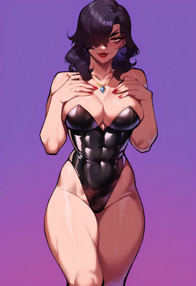 ((score_9, score_8_up, score_7_up, score_6_up), (adult, seductive face, seductive expression), seductive, long straight black hair, hair over eye, abs, big breasts, tuxedo leotard, bare legs, stockings, eyepatch, red eyes, red lips, eyeliner, necklace, Nyantcha Style, shadow, soft light, source_anime, rating_explicit,