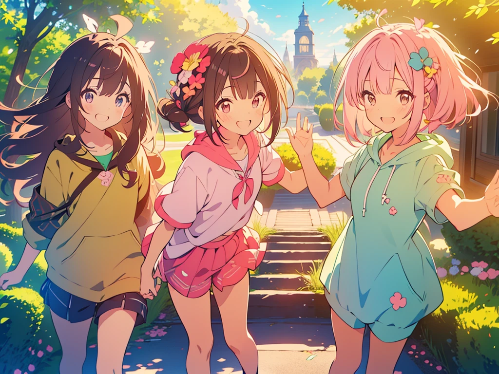 kawaii, anime, Cute, hyper quality, highly detailed, 8k, Clarity, Draw facial expressions in detail, Girl with long dark brown hair and green eyes, A red-eyed girl with a light pink short bob hairstyle, full of energy, the two give a high five, Uplifting, whole body, jump up and down, daytime, refreshing morning, highlight on eyes, wink, smile, drawing two people, short sleeve hoodie, dianthus flower, pink hair, A park with a flower garden at your feet, flower jutan, small, round, five-petaled flower, Moss phlox, 5 round petals, clock tower,