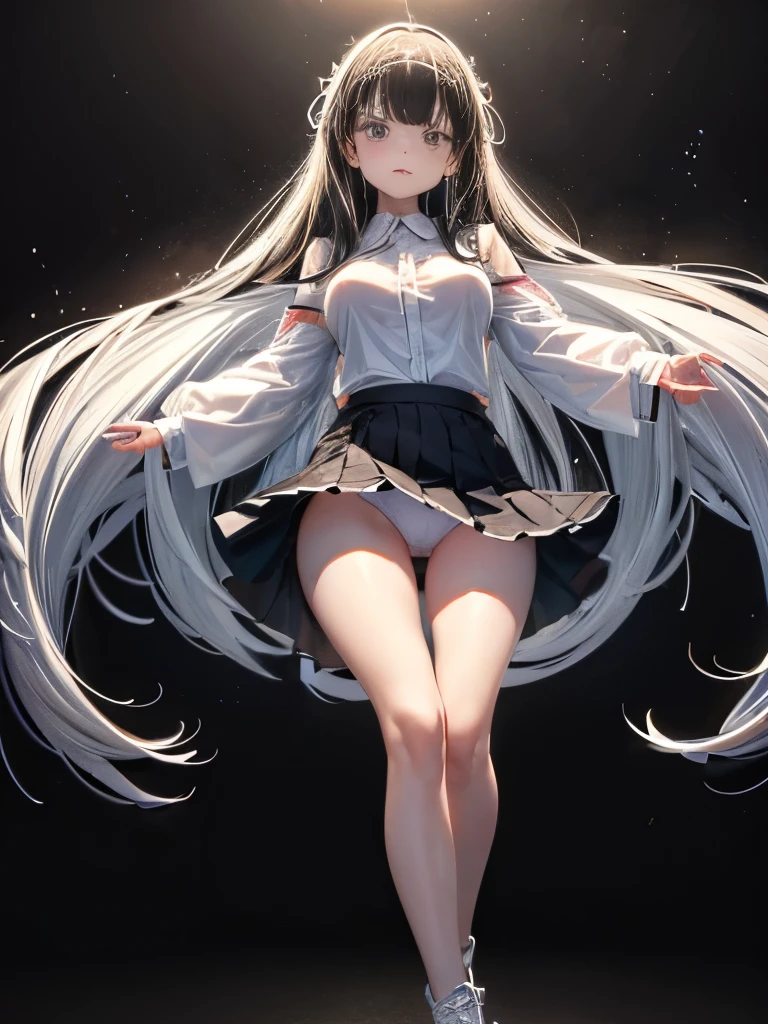 Nipples, Visible through the white shirt (((masterpiece, Highest quality)), No pants, 1 girl, (8k wallpaper: 1.4), alone, White Background, Black Hair, Long Hair, Absolute area, skirt, ((whole body)),