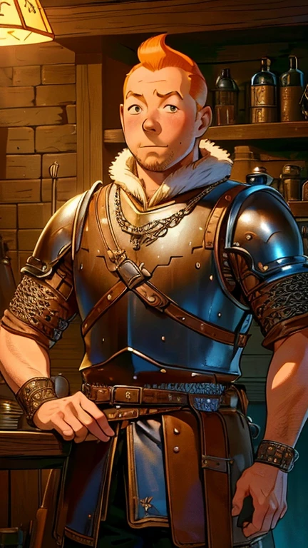 (1man, Tintin,1boy), (extremely detailed CG unit 8k wallpaper),(master part), (best quality), (ultra detail), (best illustration),(ExpeditionStyle), cowboy shot,(Sharp eyeliner, ombre, detailed eyes:1),Dark Medieval tavern interiors background,break,(VikAr),upper body,short hair,orange hair, armor, leather armor, chainmail, fur,