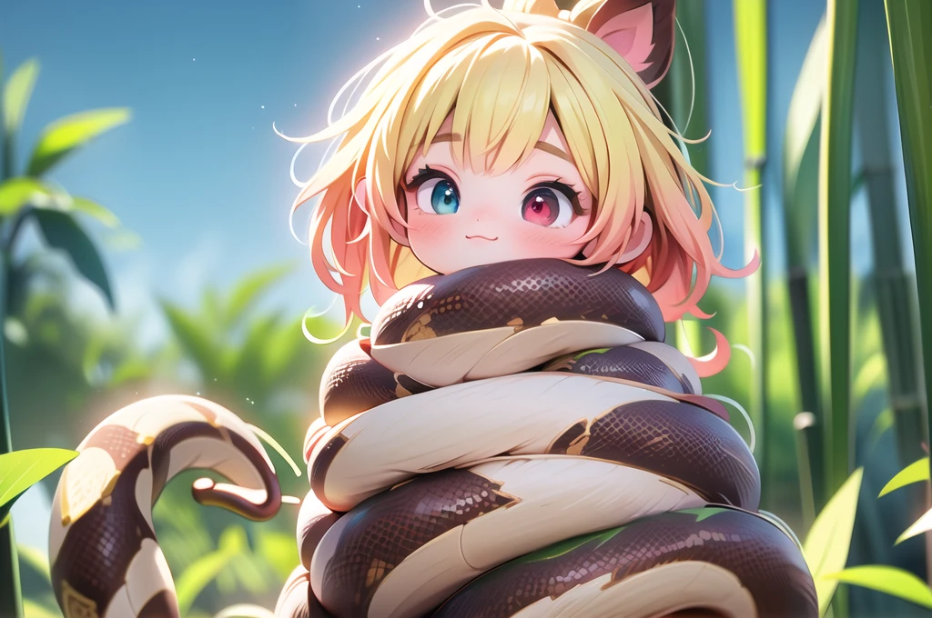 1 girl,solo,bangs,(heterochromia:1.4),(red eyes:1.4),(blue eyes:1.4),very long blonde hair,blue skirt,blue sky,blush,red bow,closed mouth,best quality, highres, unique hair detailed, beautiful detailed eyes, cleavage, snake, (coiled), (python), snake scales detailed, restrained, shocked face, masterpiece}}}, {{highly extreme detailed}}, solo, Focus on the woman, {orgasm}, {sweaty}, {{python sex}}, (((object insertion))), jangle, spread arms, interspecies, bestiality, (Giant python bestiality, Giant python sex, ((Giant python Rape)), Giant python rape, Giant python Coils, Passionate Squeeze) (((Giant python coils, Passionate squeeze, ))), coils,((The girl is wrapped around a giant python)), ((giant python rape)), giant python sex,