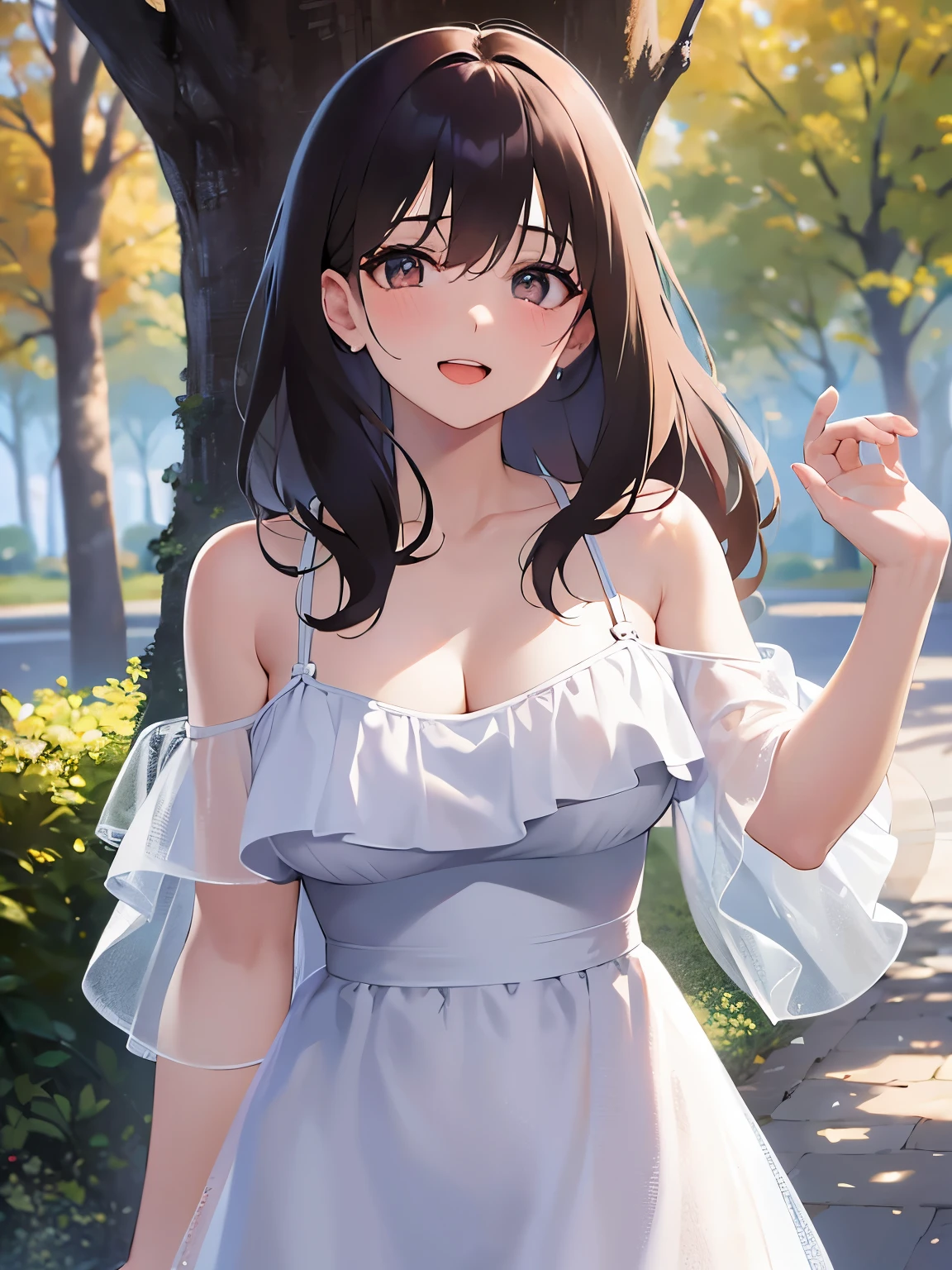 Cleavage、waving hand, upper body、(pale skin: 1.2), shiny skin, shiny hair、(A 25-year-old woman with medium-length hair and bangs) and (wavy hair) and (brown hair) and (orange eyes) , (white) and (off shoulder dress) 、smile, open mouth, blush, The background is a park、Alone、Are standing