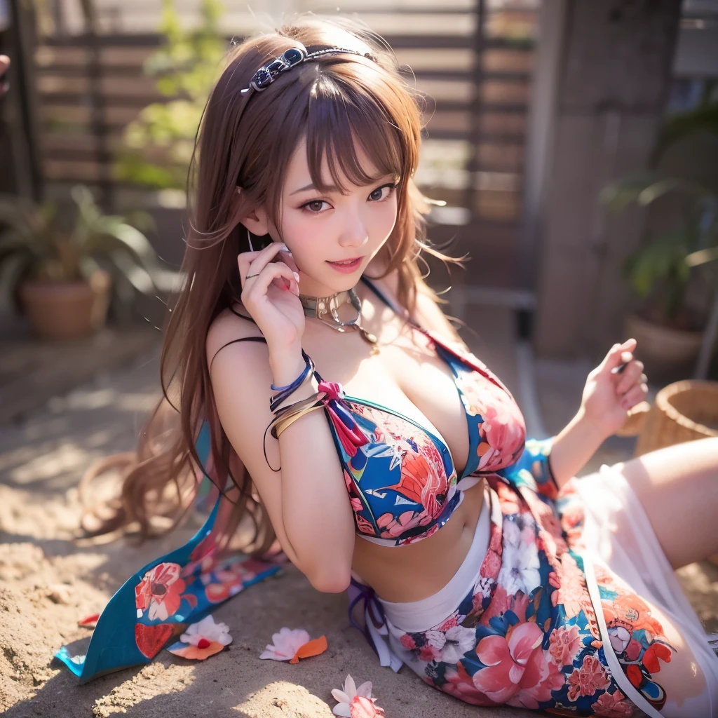 8ｋ,Highest quality,masterpiece, Sharp focus, (beautiful, Gorgeous and cute Japanese women:1.3),(((whole body,You can see all the way to your feet,He is sitting on the ground with his hands on his hands and looking at me..,She is posing in a very provocative and sexy way..))),((A bikini in two colors with the latest pattern design)),繊細でbeautiful細い眉毛,beautiful woman, 繊細でbeautiful髪, Droopy eyes, Very detailed, 超beautiful女性, Glowing White Particles, (Side light:1.2), Light of the sun, Very large breasts,Very large hips, smile, ((目でsmile, Open both eyes)), , Sexy Looks,Dynamic Hair,  Brown hair detail,(Sandy beach at night)、(Low angle camera)