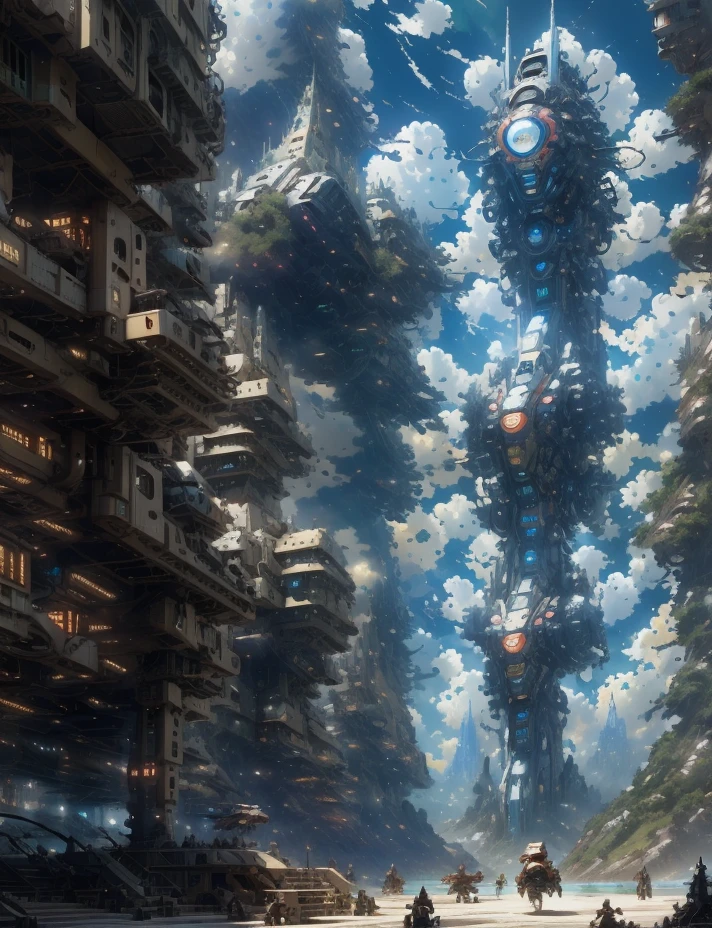 There is a painting of a futuristic city with a giant robot head, non-human face, Peter Gric and Dan Mumford, Beksiński and James Jean, Michael Whelan and Pixar, Justin Gerard and Greg Rutkowski, Style by Daniel Merriam, Andreas Rocha and John Howe , weta studio and James Jean, Larry MacDougall  