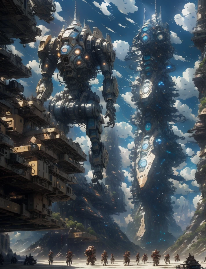 There is a painting of a futuristic city with a giant robot head, non-human face, Peter Gric and Dan Mumford, Beksiński and James Jean, Michael Whelan and Pixar, Justin Gerard and Greg Rutkowski, Style by Daniel Merriam, Andreas Rocha and John Howe , weta studio and James Jean, Larry MacDougall  