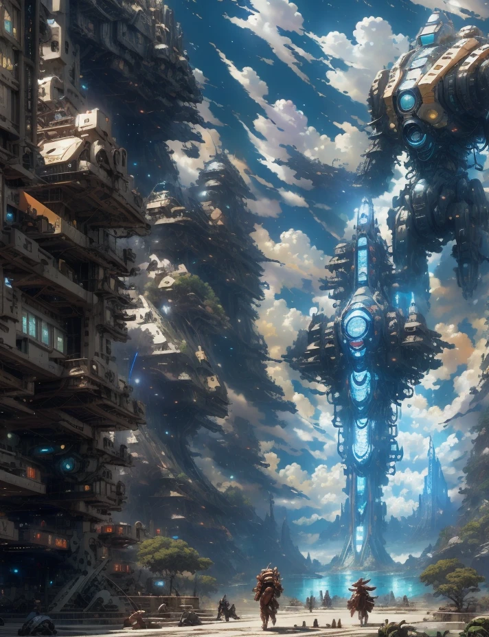 There is a painting of a futuristic city with a giant robot head, non-human face, Peter Gric and Dan Mumford, Beksiński and James Jean, Michael Whelan and Pixar, Justin Gerard and Greg Rutkowski, Style by Daniel Merriam, Andreas Rocha and John Howe , weta studio and James Jean, Larry MacDougall
