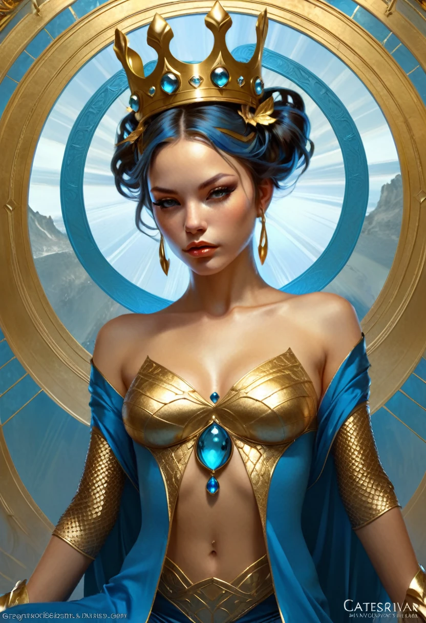 The English crown, Sick Obsession, Surreal Catgirl, Victory Over the Fallen Foe, Atlantean Blue and Gold leaf, crowned, symmetrical, center punched, Archviz, elegant, intricate, digital painting, artstation, concept art, smooth, sharp focus, illustration, art by artgerm and greg rutkowski and alphonse mucha