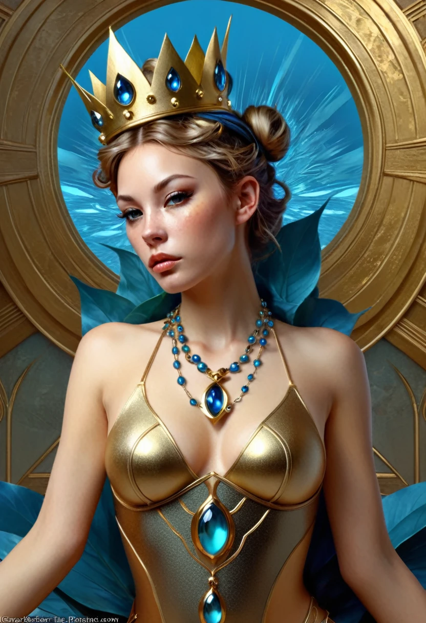 The English crown, Sick Obsession, Surreal Catgirl, Victory Over the Fallen Foe, Atlantean Blue and Gold leaf, crowned, symmetrical, center punched, Archviz, elegant, intricate, digital painting, artstation, concept art, smooth, sharp focus, illustration, art by artgerm and greg rutkowski and alphonse mucha