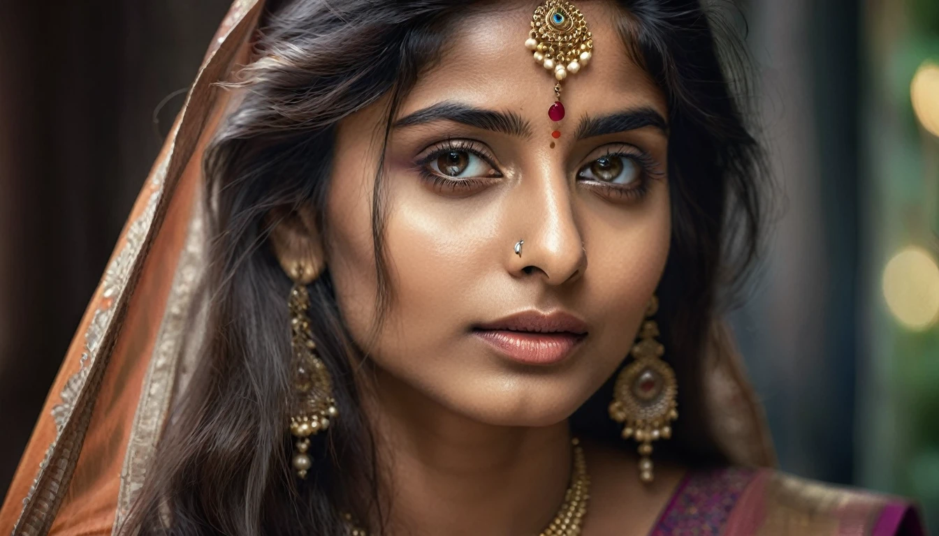 a beautiful mysterious indian woman, intricate detailed face, piercing eyes, long eyelashes, delicate skin, natural beauty, flowing hair, candid elegant pose, dramatic lighting, cinematic mood, muted color palette, chiaroscuro lighting, high quality, photorealistic, 8k, intricate details, professional rendering