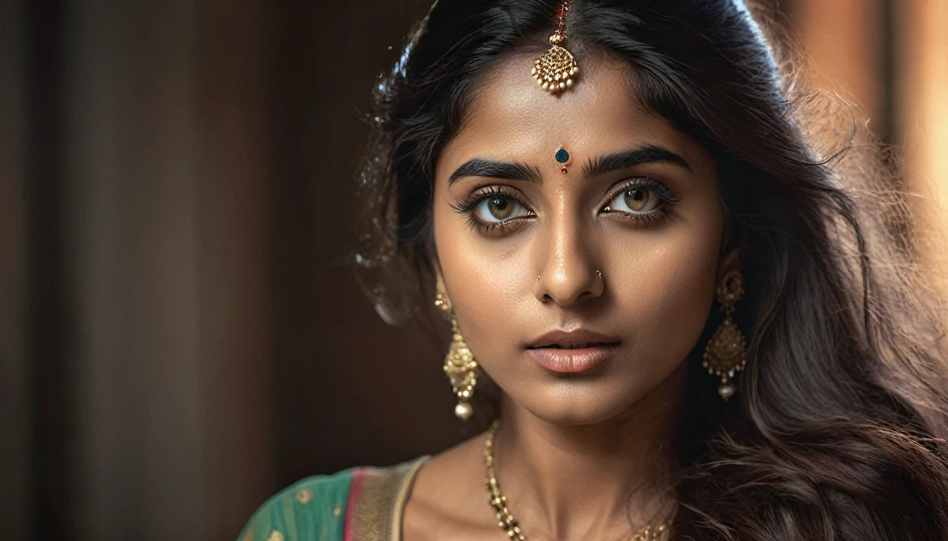 a beautiful mysterious indian woman, intricate detailed face, piercing eyes, long eyelashes, delicate skin, natural beauty, flowing hair, candid elegant pose, dramatic lighting, cinematic mood, muted color palette, chiaroscuro lighting, high quality, photorealistic, 8k, intricate details, professional rendering