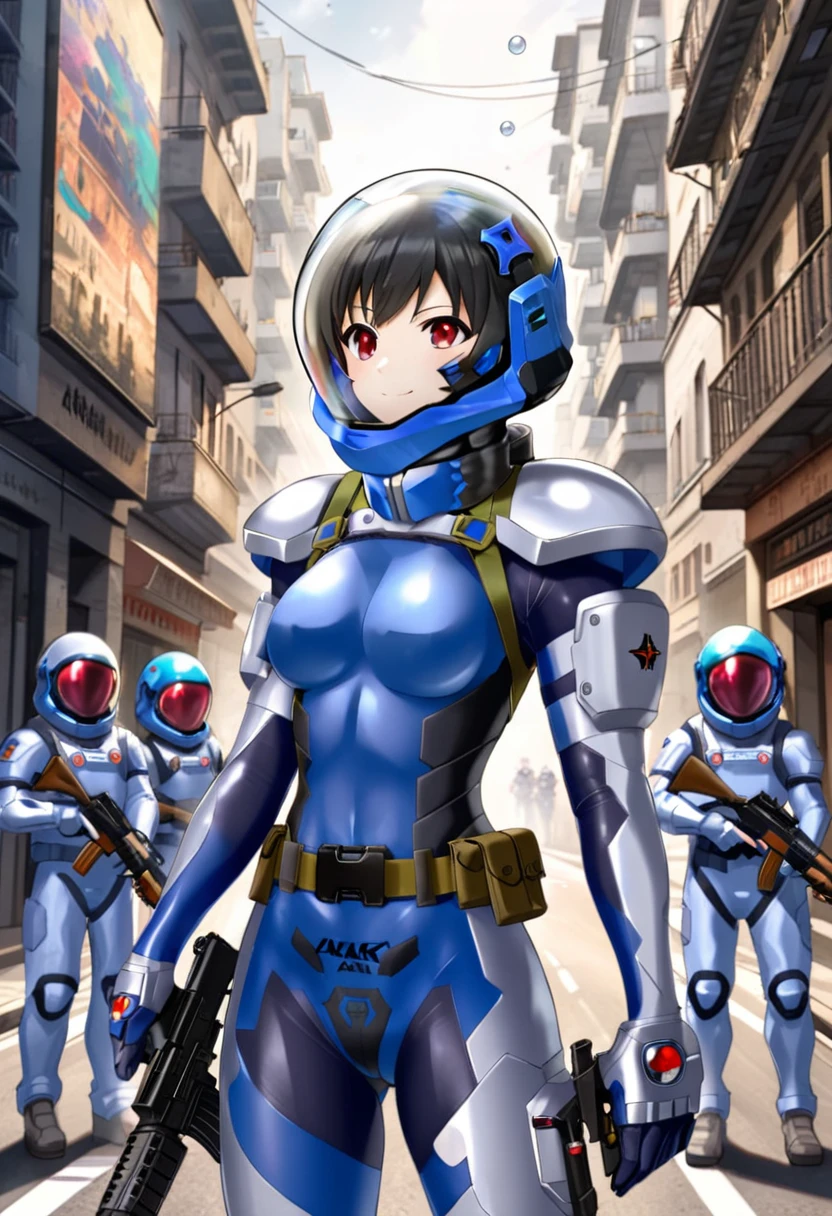  apocalypse,ak47, armor,assault rifle,belt,goggles,holding weapon,m4 ,holding gun,standing,, eva helm, helmet space, short hair,, bubble helmet, upper body, smile, black hair, red eyes,city, road, space helmet, space helmet, eva helm, space suit, short hair,  blue bodysuit, full body