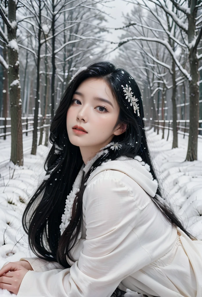 ((best qualtiy, 8k, tmasterpiece:1.3)), Focus:1.2, perfect figure beautiful woman:1.4, Cocked buttocks:1.2, ((long whitr hair)), (Thick long-haired cloak:1.1) , (Falling snow, street，stop，copse，snow cover:1.3),Lace aristocratic ****ta costume:1.1, Highly detailed facial and skin texture, A detailed eye, double eyelid，Whiten skin，ssmile，huge tit，Cinematic lighting，Detailed details，Real hair and skin，