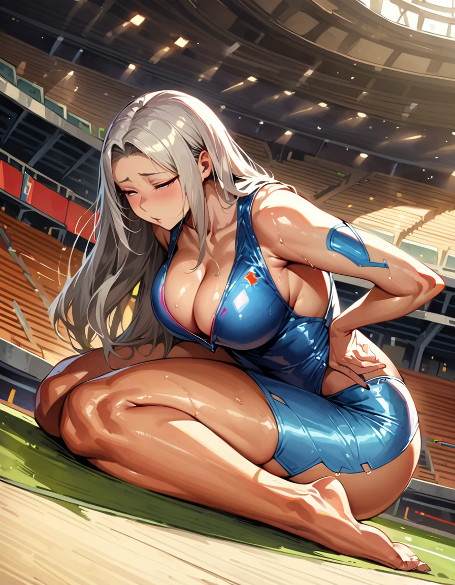 Mature beautiful woman,(Highest quality,Extremely detailed depiction,Incredibly absurd high resolution,Anatomically accurate depiction,Curvy Legs),(Glowing Skin,Shiny skin,Oilskin),(A pose in which both legs are open, the right hand is underneath and the left hand is on top and bent:1.5,leotard),eyelash,Sweat,(pupil,Half-closed eyes:1.3,There is cleavage in the chest,),whole body,background:Indoor stadium,