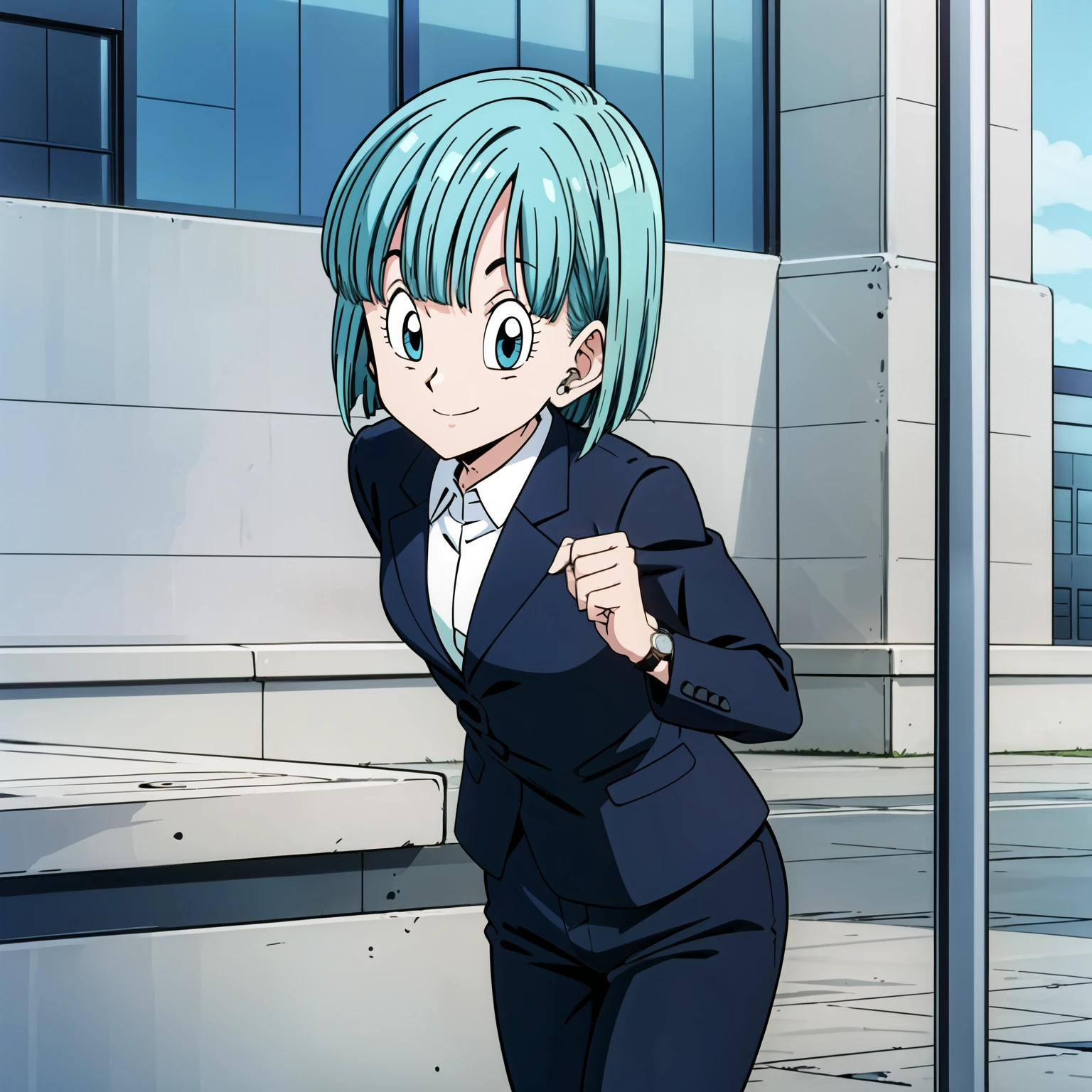 Cell Saga, short hair, Aqua Hair, Bobcut, bangs, blue eyes, One girl, alone, business suit, Jump, watch, Cowboy Shot, From the side, View your viewers, A light smile,
