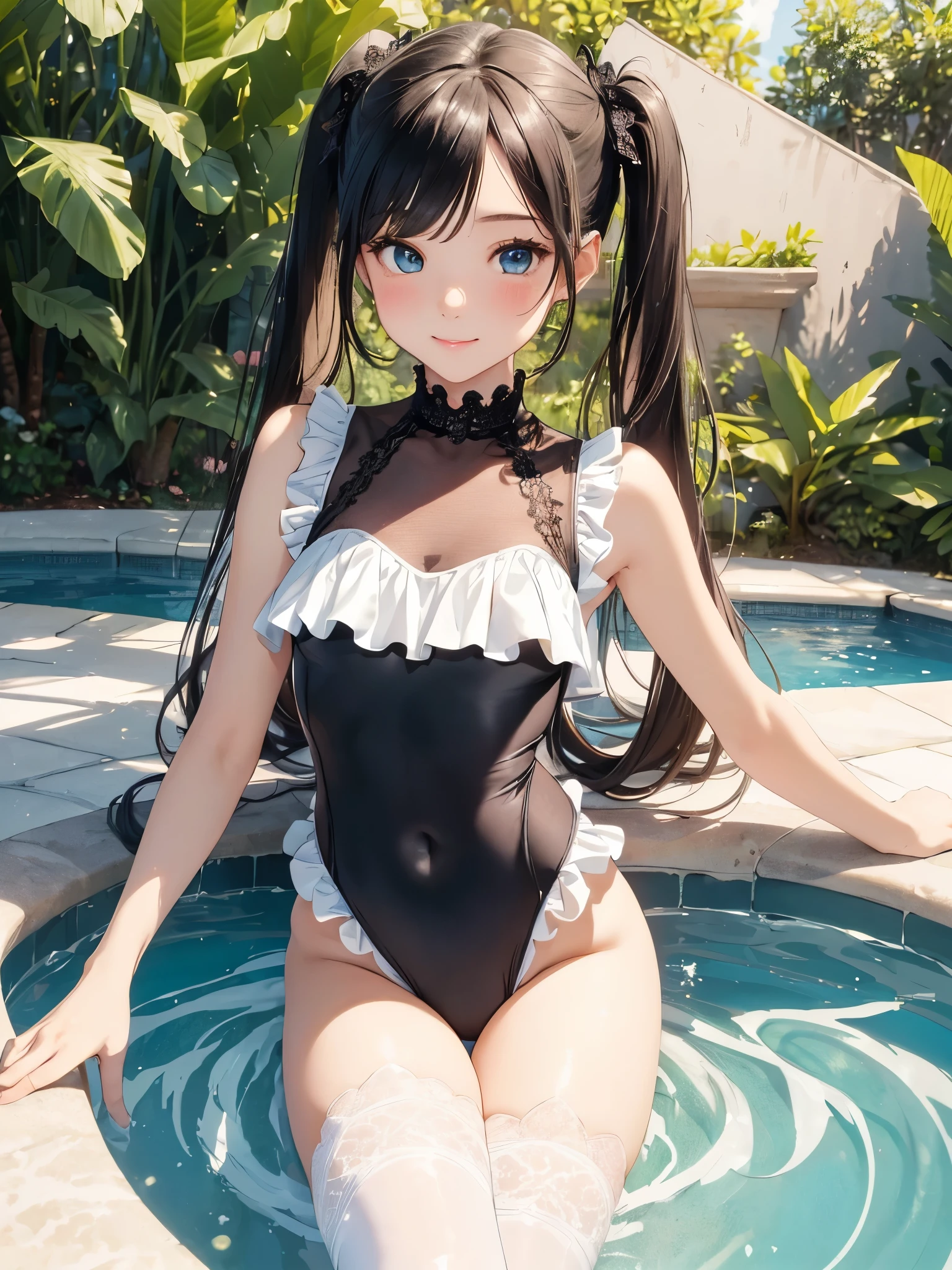 ((masterpiece)), ((highest quality、Ultra high definition)), (Very detailed),8k、Photo quality、((Amazingly cute girl)),)), Two people, , (Beautiful emerald blue eyes), ((smile、Small breasts)),In the open-air bath overlooking the sea, Beautifully arranged black hair in twin tails、Slim Body、(((Cute swimsuit with lace and frills)))、Professional Lighting、(White lace knee-highore detailed and beautiful)、(More details and cutenesore realistic)、((Just wear light clothing))、Frolic in the pool、((unbelievably cute))、(((Front and Back)))、
