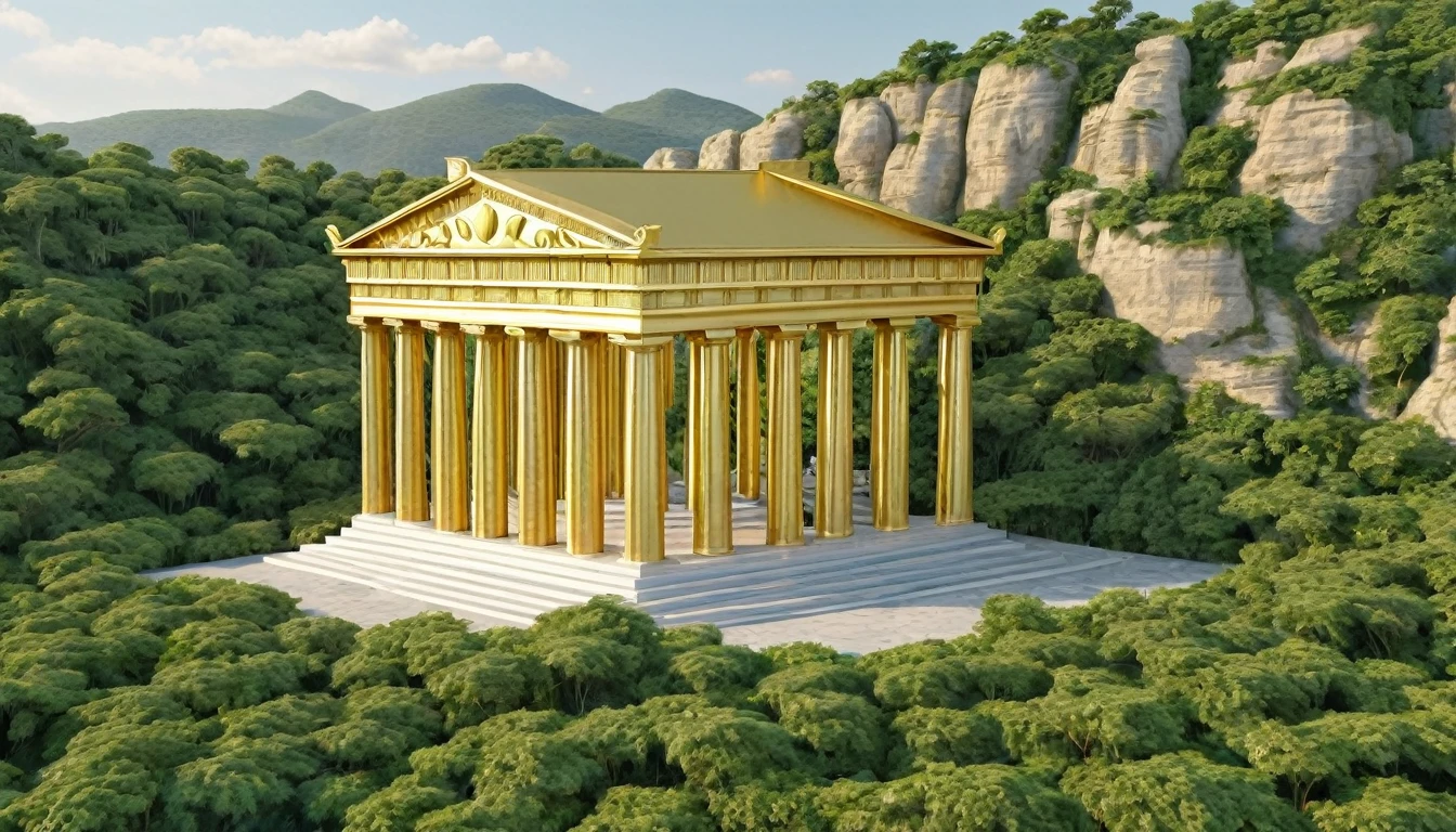 Greek temple in gold, Greek status in gold, Greek triumphal arch in gold, forming a city completely in gold. The place is surrounded by vegetation and a thick jungle.