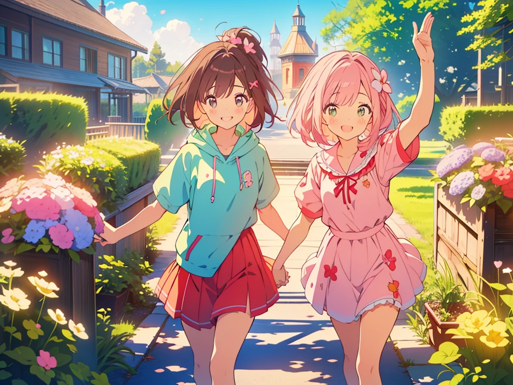 kawaii, anime, Cute, hyper quality, highly detailed, 8k, Clarity, Draw facial expressions in detail, Girl with long dark brown hair and green eyes, A red-eyed girl with a light pink short bob hairstyle, full of energy, the two give a high five, Uplifting, whole body, jump up and down, daytime, refreshing morning, highlight on eyes, wink, smile, drawing two people, short sleeve hoodie, dianthus flower, pink hair, A park with a flower garden at your feet, flower jutan, small, round, five-petaled flower, Moss phlox, 5 round petals, clock tower, 	