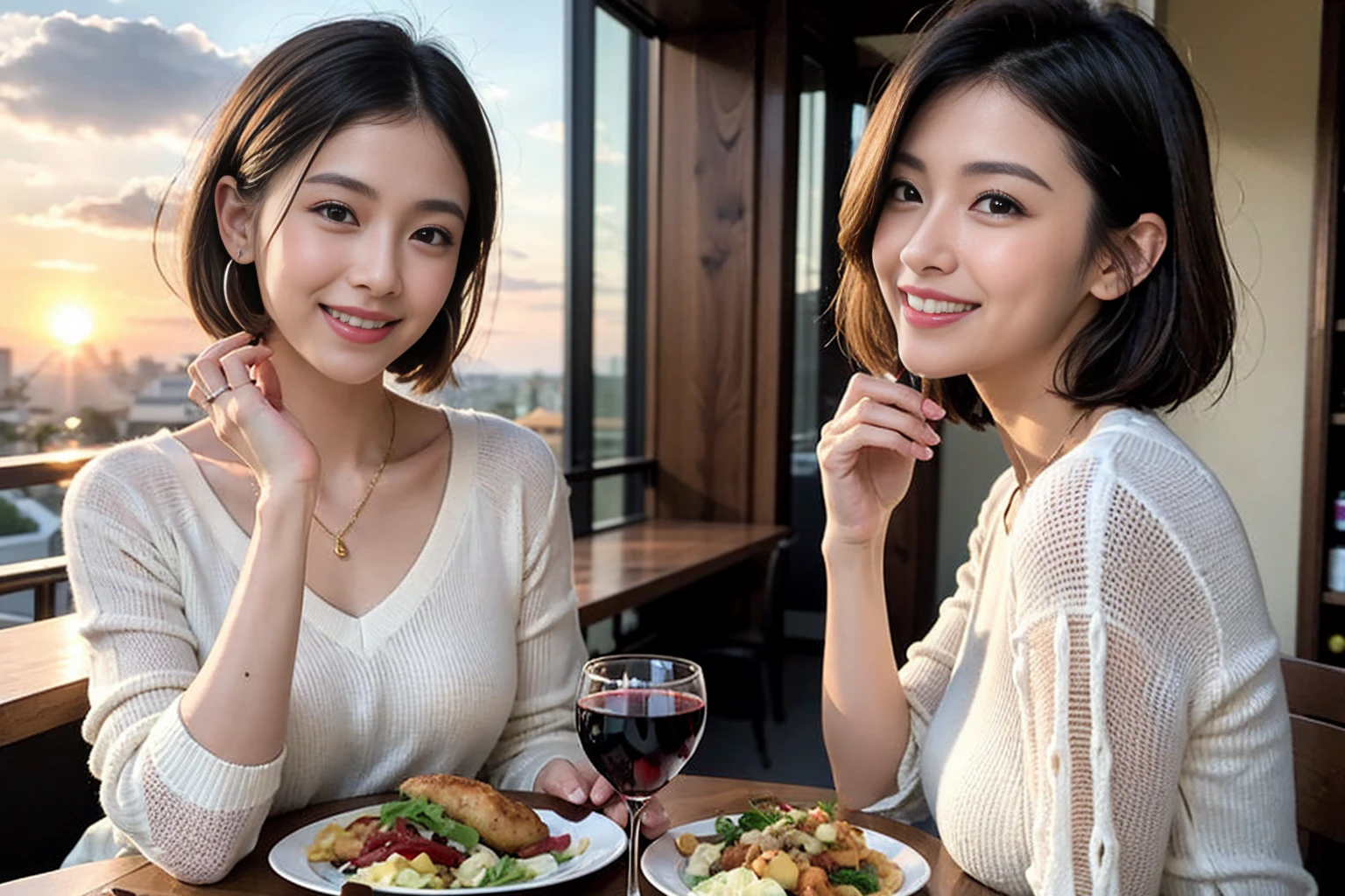 (Realistic:1.1),(masterpiece,Highest quality),8k,(56 years old), 53 years old, ベリーslimボディ、slimカップル、Tight waist,Upper Body,full-course dinner、wine 、Amazing view of the sunset sky and clouds、Perfect Anatomy, Brown Hair, short hair,Random Hairstyles,((Highly detailed face and eyes:1.2)),Perfect golden ratio face,Long sleeve shirt、dress,(smile:1.2)、Shortcuts、cute、(Realistic, Intricate details:1.2), A bright smile、short hair,Bright Face、赤wine 、Appetizers、Italian food、wine bottle、Champagne、スパークリングwine、(slimな顔), (The body is slim), (Brown Hair), (Shortcuts), Upper Body, 白wine, slim, wineグラス,