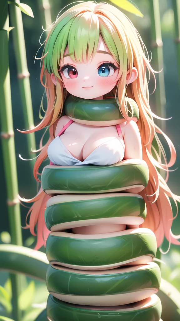 1 girl,solo,bangs,(heterochromia:1.4),(red eyes:1.4),(blue eyes:1.4),very long blonde hair,blue skirt,blue sky,blush,red bow,closed mouth,best quality, highres, unique hair detailed, beautiful detailed eyes, cleavage, snake, (coiled), (python), snake scales detailed, restrained, shocked face, masterpiece}}}, {{highly extreme detailed}}, solo, Focus on the woman, {orgasm}, {sweaty}, {{python sex}}, (((object insertion))), jangle, spread arms, interspecies, bestiality, (Giant python bestiality, Giant python sex, ((Giant python Rape)), Giant python rape, Giant python Coils, Passionate Squeeze) (((Giant python coils, Passionate squeeze, ))), coils,((The girl is wrapped around a giant python)), ((giant python rape)), giant python sex,