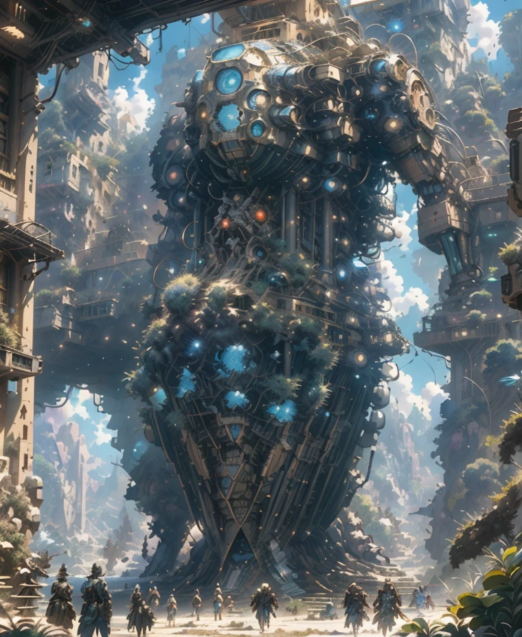 There is a painting of a futuristic city with a giant robot head, non-human face, Peter Gric and Dan Mumford, Beksiński and James Jean, Michael Whelan and Pixar, Justin Gerard and Greg Rutkowski, Style by Daniel Merriam, Andreas Rocha and John Howe , weta studio and James Jean, Larry MacDougall