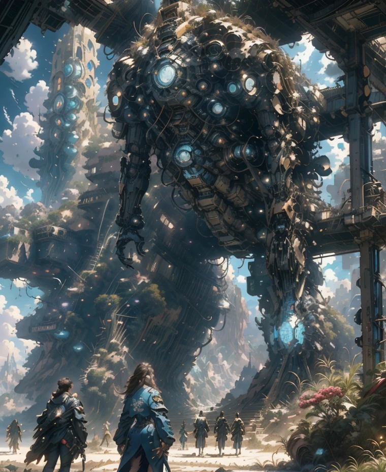 There is a painting of a futuristic city with a giant robot head, non-human face, Peter Gric and Dan Mumford, Beksiński and James Jean, Michael Whelan and Pixar, Justin Gerard and Greg Rutkowski, Style by Daniel Merriam, Andreas Rocha and John Howe , weta studio and James Jean, Larry MacDougall