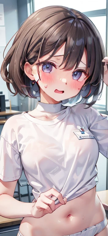 blue eyes,Highest quality,High resolution,unity 8k wallpaper,(shape:0.8),(Beautiful and detailed:1.6),Detailed face,Perfect lighting,Detailed CG,(Perfect hands, Perfect Anatomy),Female student,White shirt,(White panties:1.0),Brown Hair,Medium Hair,Cut off,Shirt Tag Pose