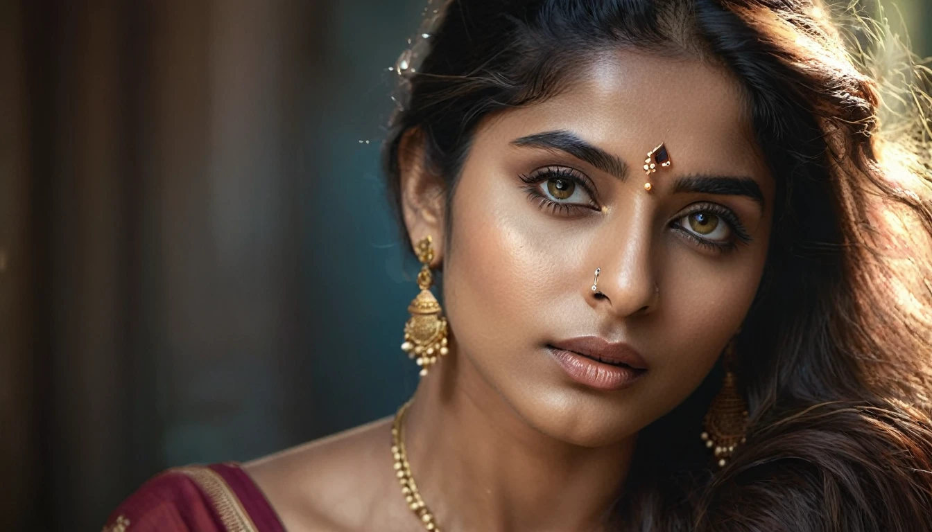 a beautiful mysterious indian woman, intricate detailed face, piercing eyes, long eyelashes, delicate skin, natural beauty, flowing hair, candid elegant pose, dramatic lighting, cinematic mood, muted color palette, chiaroscuro lighting, high quality, photorealistic, 8k, intricate details, professional rendering