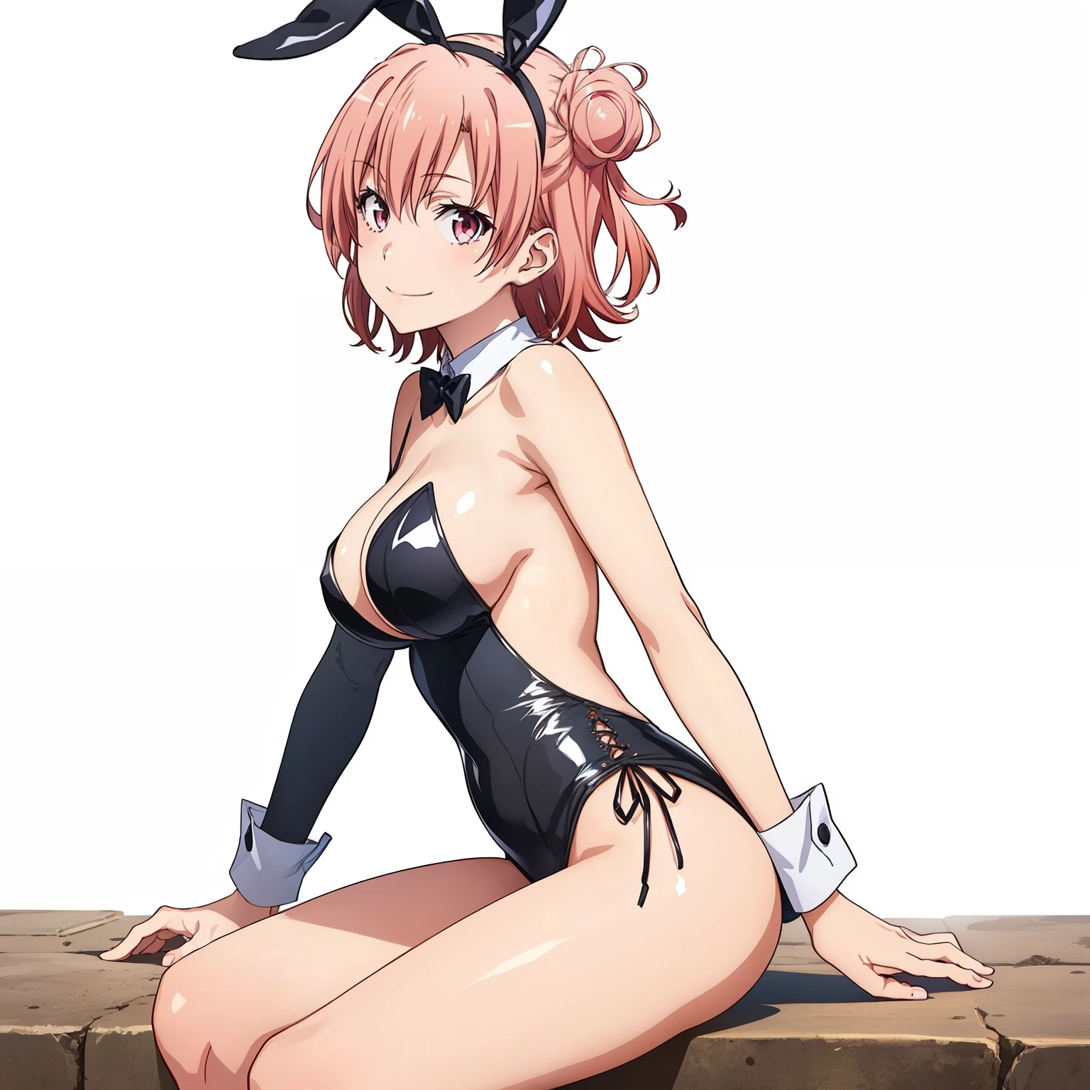 ((masutepiece, Best Quality, hight resolution, nffsw, Perfect Pixel, depth of fields, 4K, )), 1girl in, Solo, , Beautiful anime girl, Beautiful Art Style, close up, Looking at Viewer, Perfect body, side shot, Yuigahama Yui, Short hair, pink hair, pink eyes, hairbun, (large boob), side boob, sitting, black playboy bunny outfit, smile, hands on thighs, blank white background, shot from the waist up