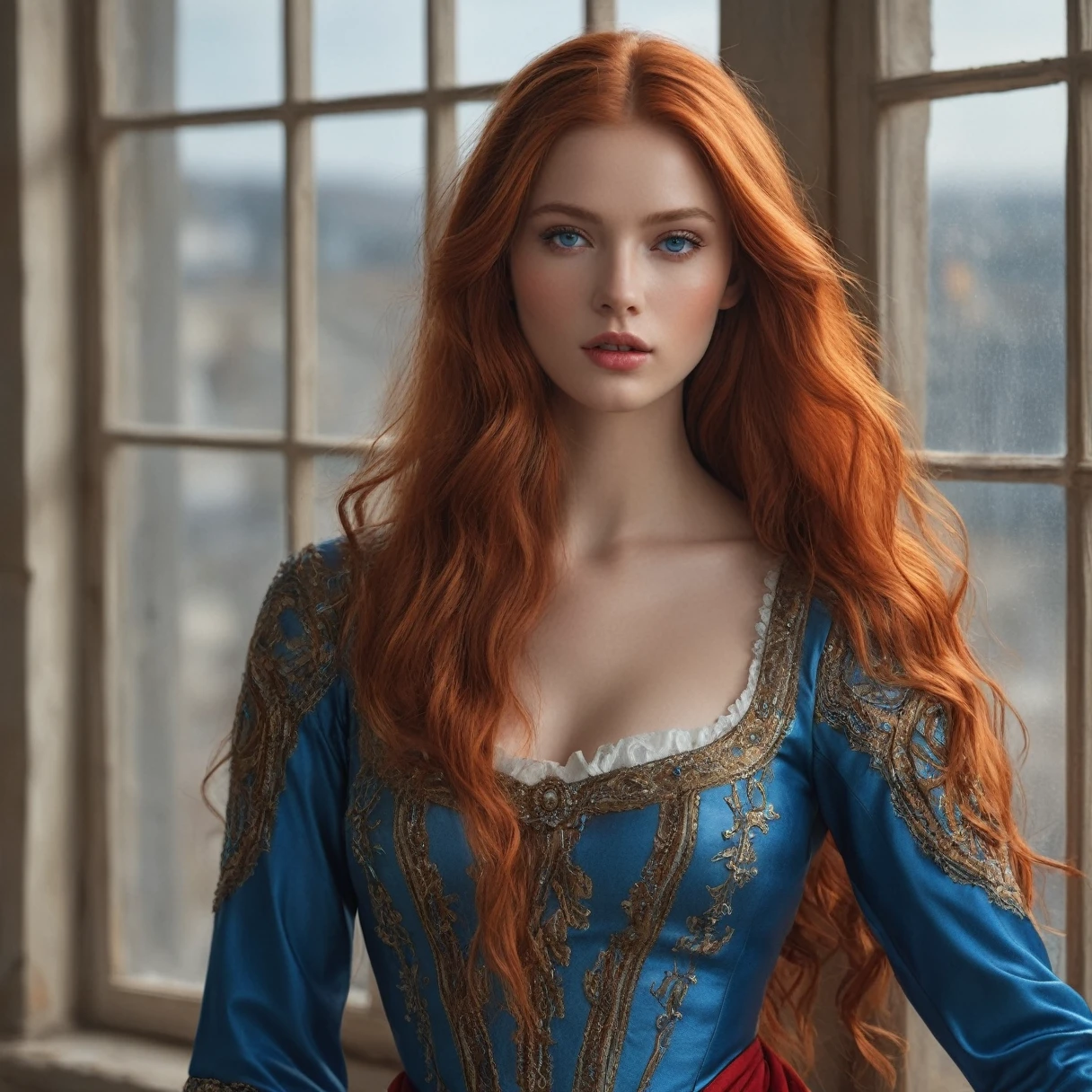 (Better quality, 4K, 8k, High resolution, artwork: 1.2), (super detailed, Realist, fotorRealist:1.37)A charming young woman, 25 years, wears a striking red and blue ensemble, stands in front of a window with an aura of hardness and determination. Her enchanting eyes are exquisitely detailed, capture every shine and depth, while her lips show a careful beauty, which is both captivating and seductive. The level of detail extends to the entire face, every contour and feature has been carefully and perfectly reproduced, to create a sense of hyperrealism, that captivates the viewer. This girl, (((Elena Fernades))), has fiery red long hair, light blue eyes.
The costume of , reminiscent of the art of oil painting, es ist ein artwork für sich. The factory, expertly crafted, to resemble lively brushstrokes, gives your overall look a touch of dynamism. It is a true reflection of the artist's talent, Show mastery. Photo 480 x 768.