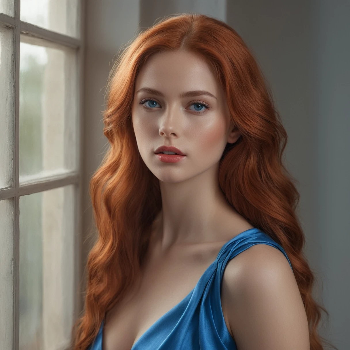 (Better quality, 4K, 8k, High resolution, artwork: 1.2), (super detailed, Realist, fotorRealist:1.37)A charming young woman, 25 years, wears a striking red and blue ensemble, stands in front of a window with an aura of hardness and determination. Her enchanting eyes are exquisitely detailed, capture every shine and depth, while her lips show a careful beauty, which is both captivating and seductive. The level of detail extends to the entire face, every contour and feature has been carefully and perfectly reproduced, to create a sense of hyperrealism, that captivates the viewer. This girl, (((Elena Fernades))),  has fiery red long hair, light blue eyes.

The costume of , reminiscent of the art of oil painting, es ist ein artwork für sich. The factory, expertly crafted, to resemble lively brushstrokes, gives your overall look a touch of dynamism. It is a true reflection of the artist&#39;s talent, Show mastery. Photo 480 x 768.