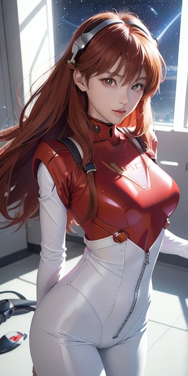 (Overlooking figure),Dynamic Angle,Very detailed, figure, close, Straight, One girl, 
 ((Soryu Asuka Langley, Interface Headset, Red bodysuit:1.4, bionde)),Her eyes shone like dream-like stars,(Glowing Eyes:1.233),(Beautiful and detailed:1.1),(Expressionless,Mouth closed),(Are standing), 
(In a white spaceship、Mechanic room with tools and spaceship window),
(night:1.2),dream-like, [[Delicate fingers and hands:0.55]::0.85],(finger details),