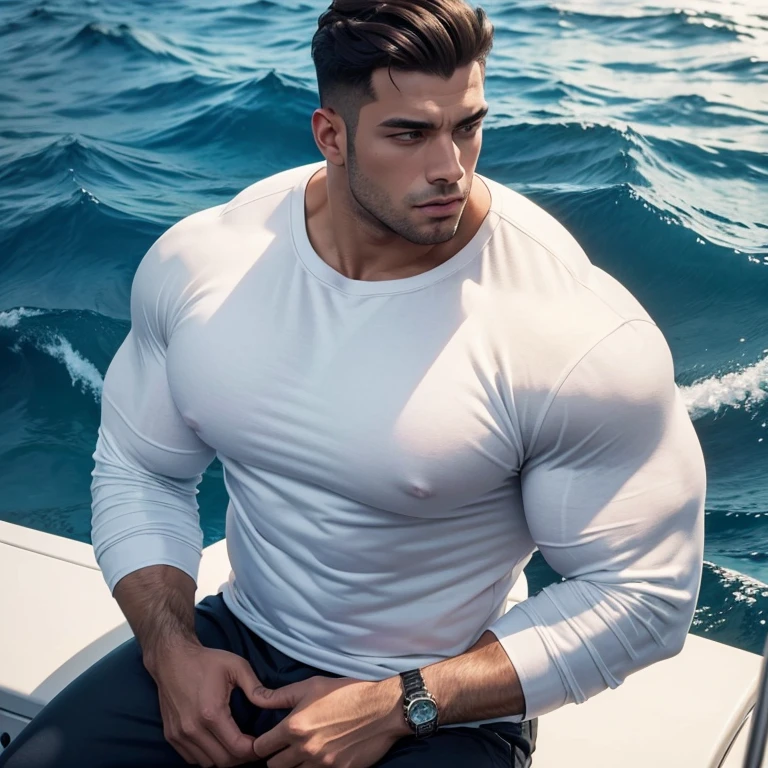 a very handsome young man, massively muscular, with massively large muscles, with massively large biceps, with massively large arms, wearing a simple white sweatshirt with long sleeves, floating in the middle of the sea, seen close up