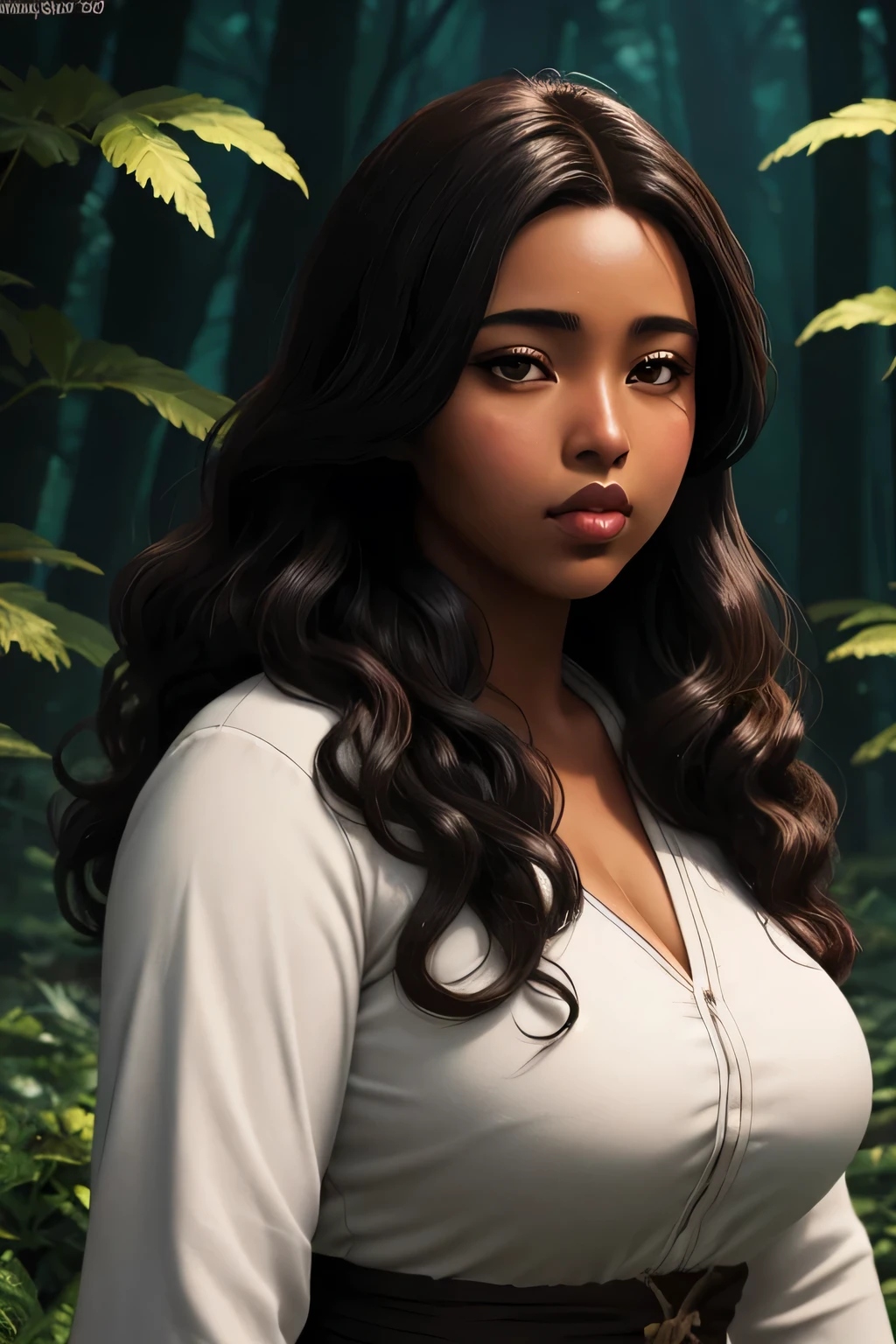 Anime illustration semi-realistic of brown skin latina girl, 25 year old, plus size, curvy, overweight, black eyes, black curly hair, big lips, anime, sleek design, brown skin, dark skin, sideswept hairstyle, round face, fantasy mage clothing, flower forest background, dynamic light,