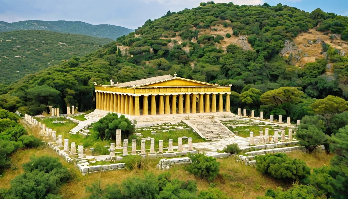 Several Greek temples in gold, several Greek statutes in gold, several Greek triumphs in gold, forming a Greek city completely in gold. The place is surrounded by vegetation and a thick jungle.