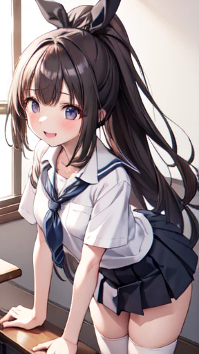 throw、(Leaning forward:1.5)、(High Ponytail:1.3)、(school uniform, Short sleeve:1.5)、mini skirt、(hair ornaments:1.2)、(Wrap a scrunchie around your left wrist:1.2)、(Black knee-high socks:1.5)、Browsing Caution、Clear Eyes、8k、10 year old student、Best image quality、masterpiece、Perfect Anatomy、Kogal、Plump thighs、peace sign、Bitch、School、Absolute area、Laughter