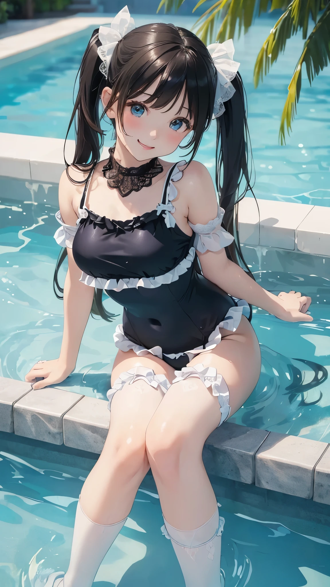 ((masterpiece)), ((highest quality、Ultra high definition)), (Very detailed),8k、Photo quality、((Amazingly cute girl)),16-year-old girl)), Two people, , (Beautiful emerald blue eyes), ((smile、Small breasts)),In the open-air bath overlooking the sea, Beautifully arranged black hair in twin tails、Slim Body、(((Cute swimsuit with lace and frills)))、Professional Lighting、(White lace knee-highore detailed and beautiful)、(More details and cutenesore realistic)、((Just wear light clothing))、Frolic in the pool、((unbelievably cute))、((A cute pose))、