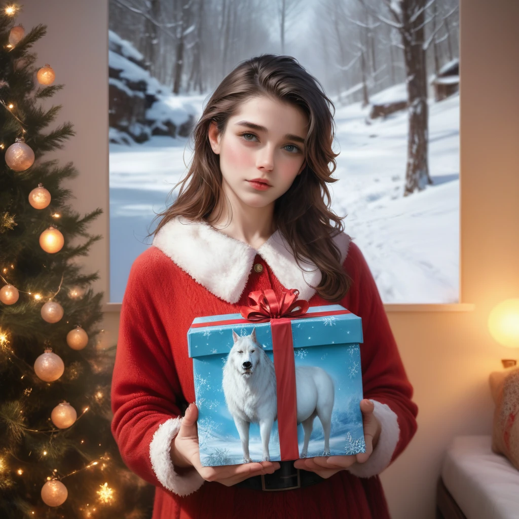 A beautiful, detailed portrait of a young Santa Claus holding a sack of gifts, standing in a snowy winter landscape with northern lights in the sky, (best quality,4k,8k,highres,masterpiece:1.2),ultra-detailed,(realistic,photorealistic,photo-realistic:1.37),extremely detailed face and eyes,beautiful detailed lips,longeyelashes,intricate Christmas decoration,snowflakes, warm lighting, cinematic, vibrant colors, fantasy, digital art