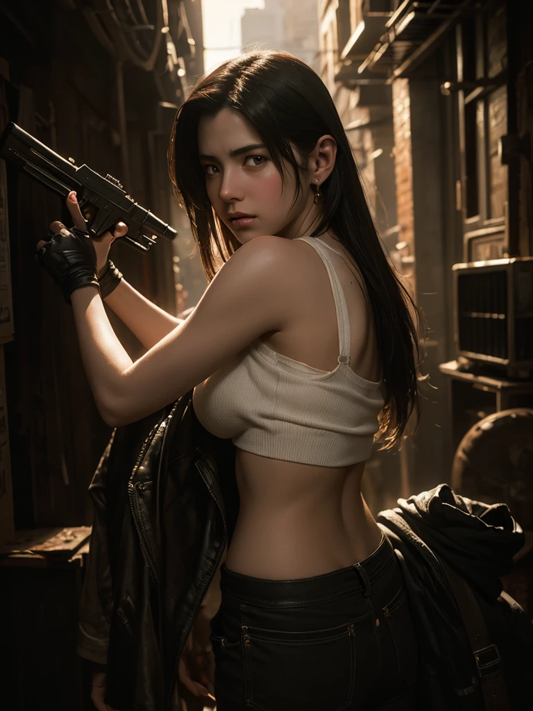 Tifa Lockhart wears dirty clothes and holds a gun to shoot zombies, cinematic lighting, dramatic contrast, hyper-realistic, 8k, ultra-detailed, photorealistic, masterpiece, intricate details, high quality, chiaroscuro, dramatic shadows, soft focus, tender embrace, warm color palette, emotionally evocative, classical composition, oil painting, digital painting