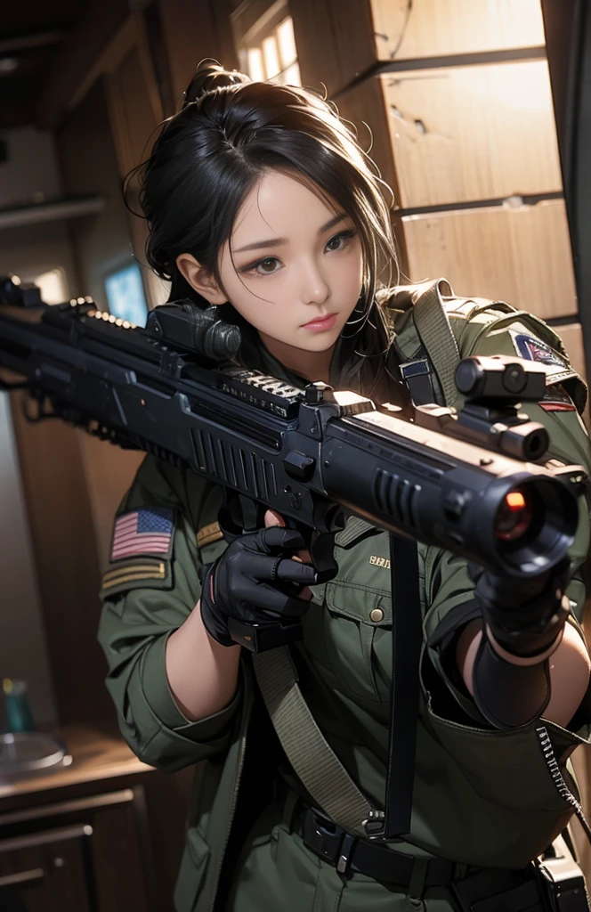 In a realistic military setting、A female warrior stands firm。Her jet black hair was tied back、Wearing a utility uniform。Because she's holding a rocket launcher、Hands covered with fingerless gloves。A rifle hangs from a shoulder holster.、The clothing has a camouflage pattern。