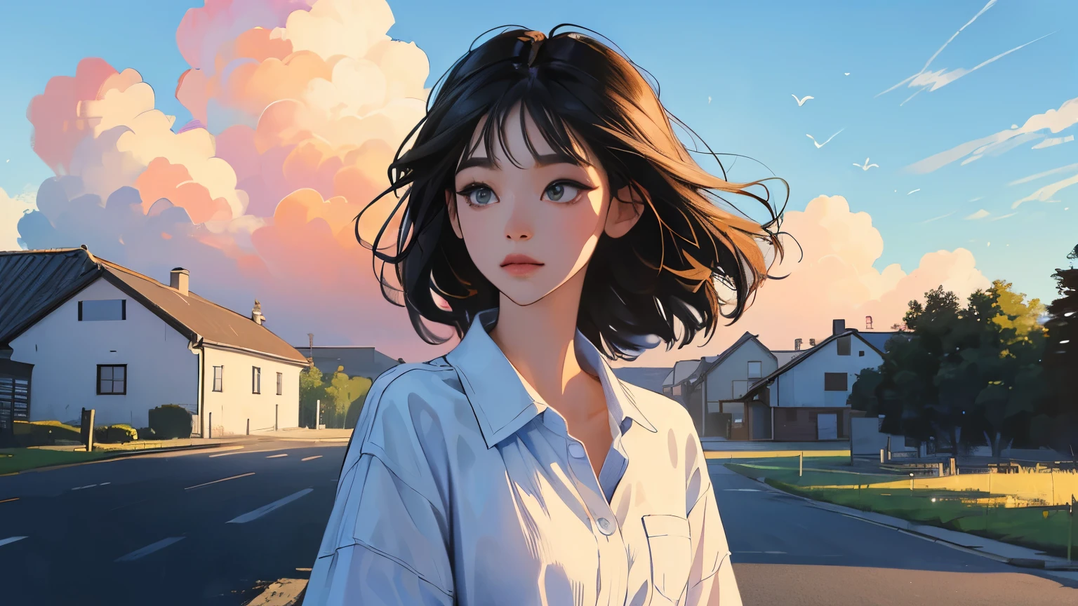 ((masterpiece)),(((bestquality))),((ultra-detailed)) realisticlying, 1 girl, Beautiful, shirt, black hair, The sky morning, blue skyfacing the camera, looking to viewer, road, village atmosphere