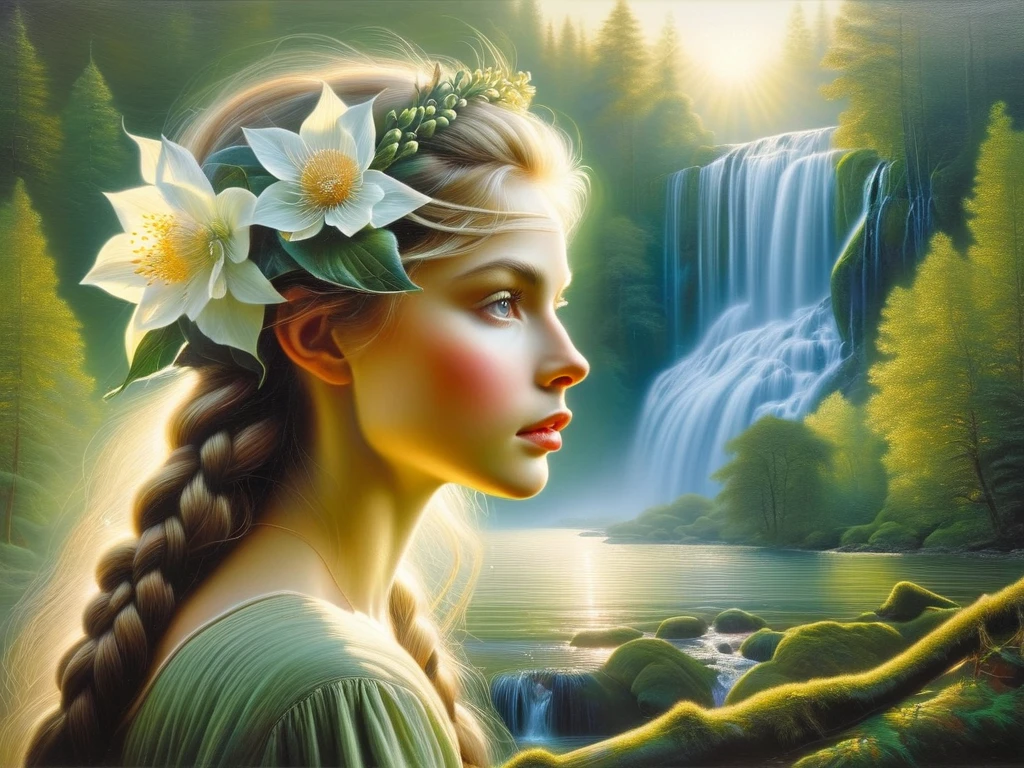 Oil painting on canvas oil painting on canvas with double exposure effect, (in the foreground the dreamy face of a beautiful elf with a braided flower wreath on her head), (in the background the landscape of a beautiful forest waterfall in the morning sun), High detail, High resolution, Maximum realism, Hugh Douglas Hamilton, Alexey Savrasov, Fedor Vasiliev, Rob Gonsalves, Peder Monsted,