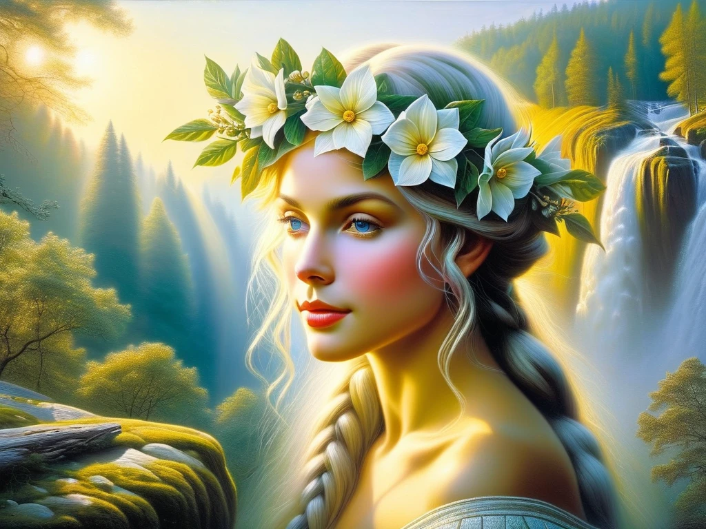 photo-realistic image of ((a beautiful nude elf woman with fair skin)), (light blonde hair), and striking blue-green eyes. Elaria, an elven priestess of love, stands under a small waterfall. Water cascades down her long, straight light hair, shimmering under the sunbeams filtering through the tree canopies. She tilts her head back, closes her eyes, and relaxes, enjoying the coolness of the water on her light skin. The water accentuates the perfect curves of her body, flowing smoothly over her shoulders and back. Around her neck is a decoration in the shape of a translucent white orchid. The waterfall is surrounded by a dense forest full of greenery and flowers, and at her feet, small colorful stones glisten. The waterfall forms a small, clear lake, surrounded by moss and ferns, creating a perfect natural bath.